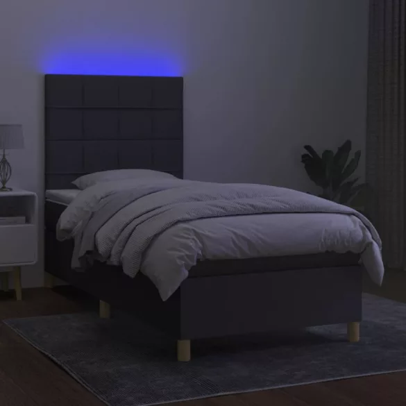 sötétszürke szövet rugós és LED-es ágy matraccal 90x200 cm
