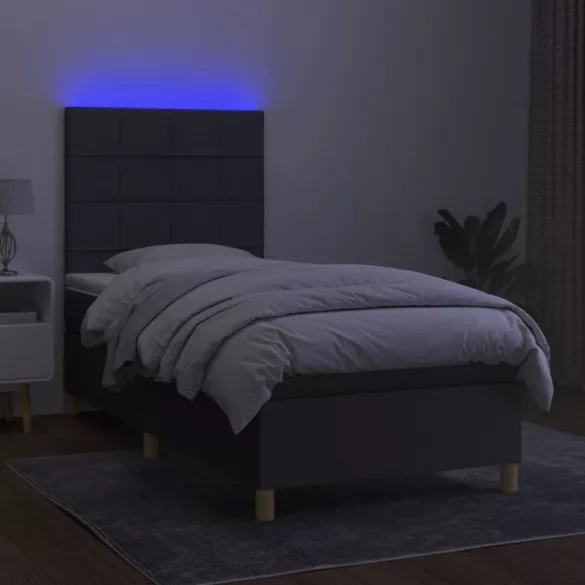 sötétszürke szövet rugós és LED-es ágy matraccal 100x200 cm