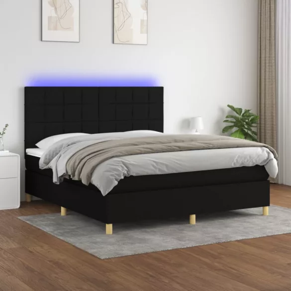 fekete szövet rugós és LED-es ágy matraccal 160x200 cm