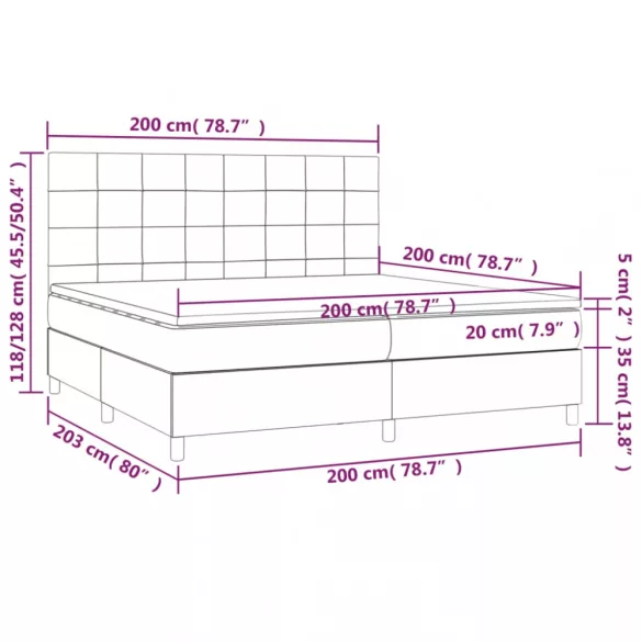 fekete szövet rugós és LED-es ágy matraccal 200x200 cm