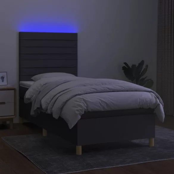 sötétszürke szövet rugós és LED-es ágy matraccal 100x200 cm