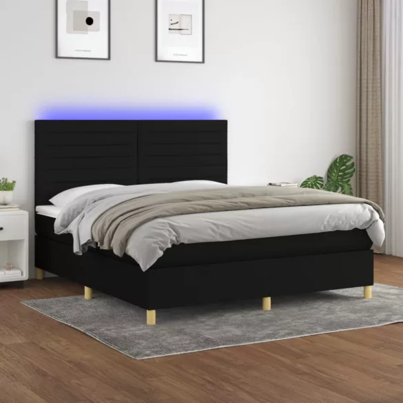 fekete szövet rugós és LED-es ágy matraccal 180 x 200 cm