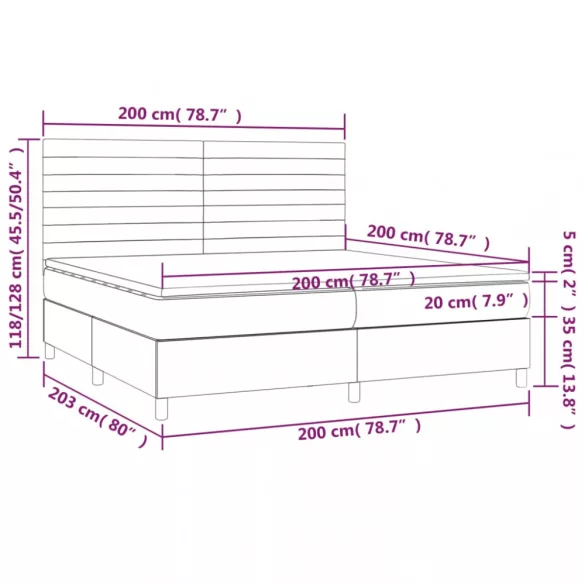 sötétszürke szövet rugós és LED-es ágy matraccal 200x200 cm