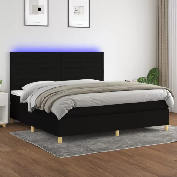 fekete szövet rugós és LED-es ágy matraccal 200x200 cm