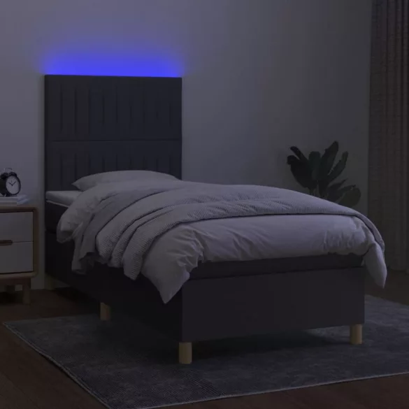 sötétszürke szövet rugós és LED-es ágy matraccal 90x190 cm