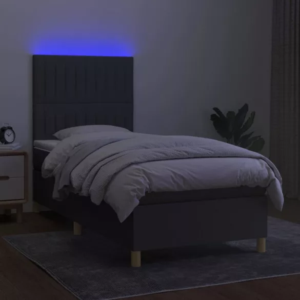 sötétszürke szövet rugós és LED-es ágy matraccal 100x200 cm