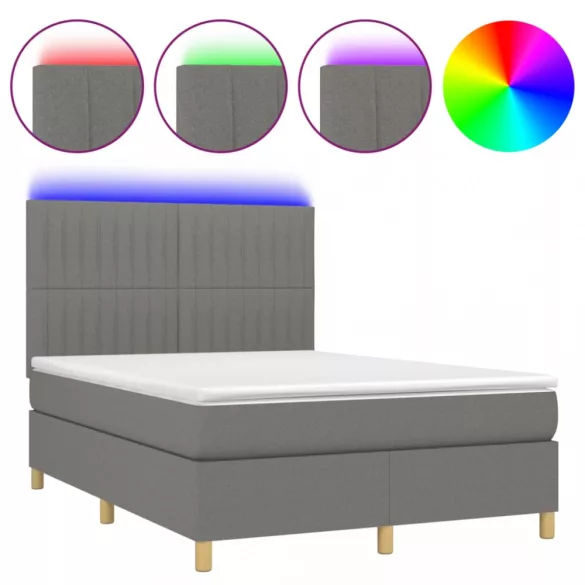 sötétszürke szövet rugós és LED-es ágy matraccal 140x200 cm