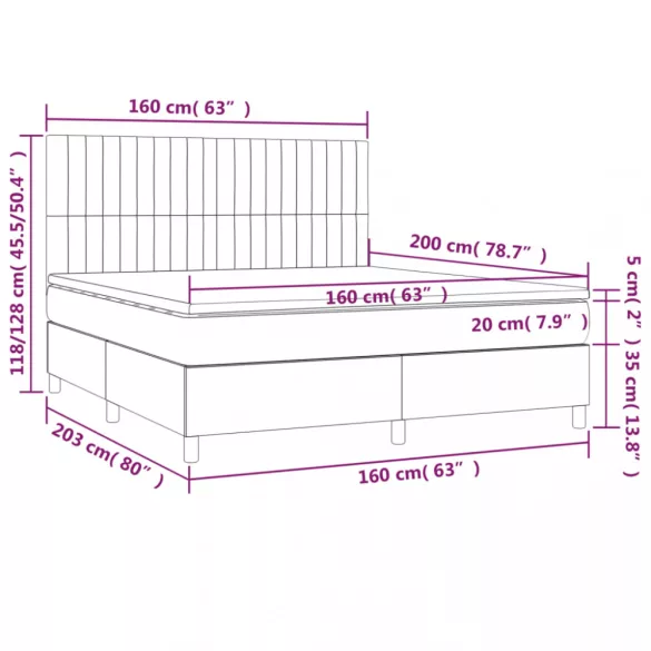 sötétszürke szövet rugós és LED-es ágy matraccal 160x200 cm