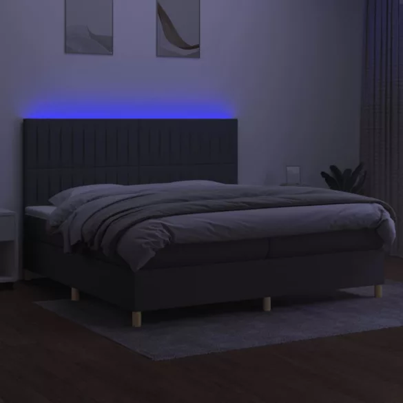 sötétszürke szövet rugós és LED-es ágy matraccal 200x200 cm