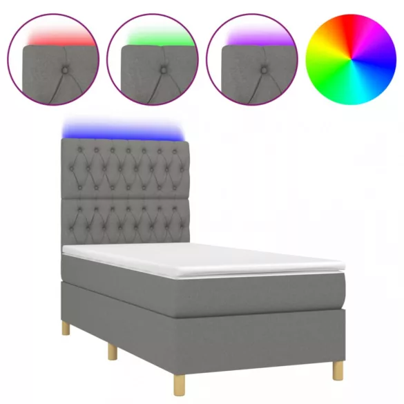 sötétszürke szövet rugós és LED-es ágy matraccal 80 x 200 cm