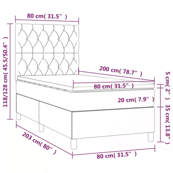 fekete szövet rugós és LED-es ágy matraccal 80 x 200 cm