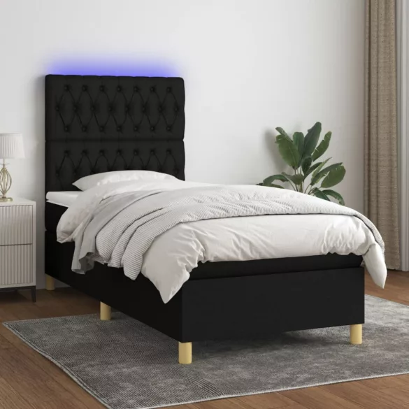 fekete szövet rugós és LED-es ágy matraccal 90x190 cm