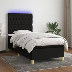fekete szövet rugós és LED-es ágy matraccal 90x200 cm