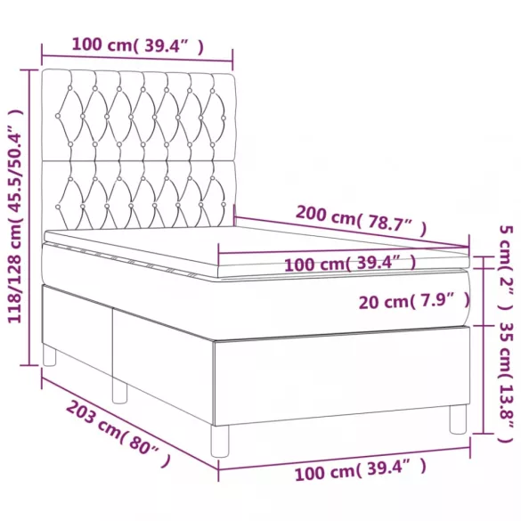 sötétszürke szövet rugós és LED-es ágy matraccal 100x200 cm