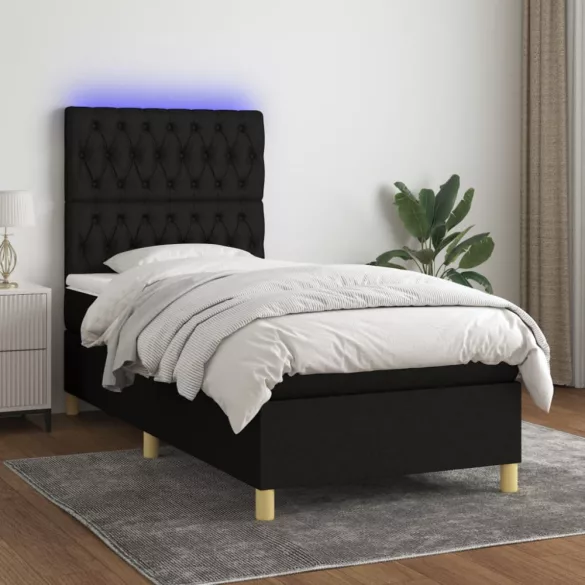 fekete szövet rugós és LED-es ágy matraccal 100x200 cm
