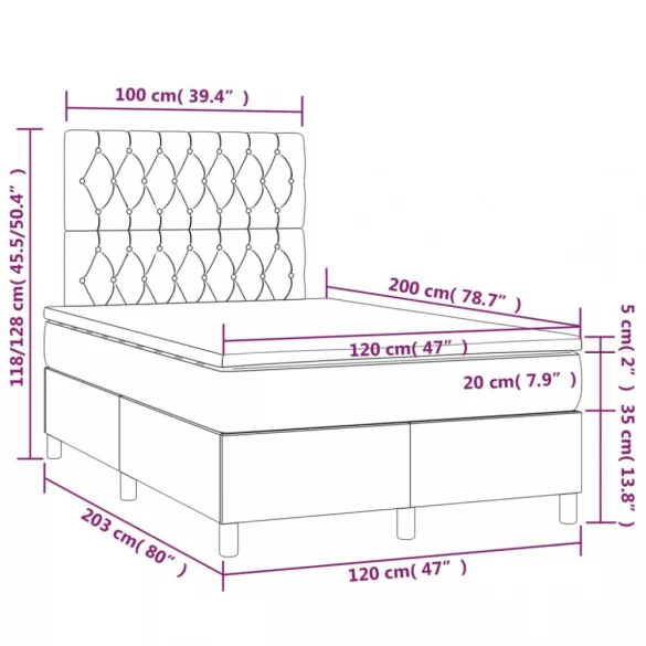 fekete szövet rugós és LED-es ágy matraccal 120 x 200 cm