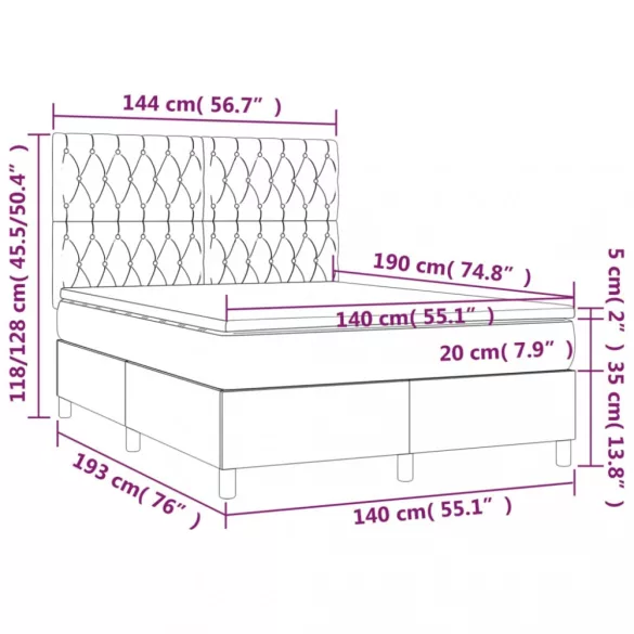 sötétszürke szövet rugós és LED-es ágy matraccal 140x190 cm