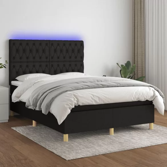 fekete szövet rugós és LED-es ágy matraccal 140x190 cm