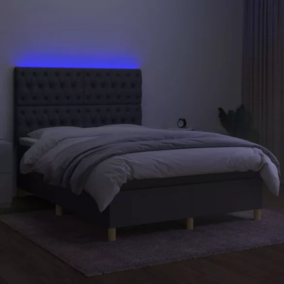 sötétszürke szövet rugós és LED-es ágy matraccal 140x200 cm