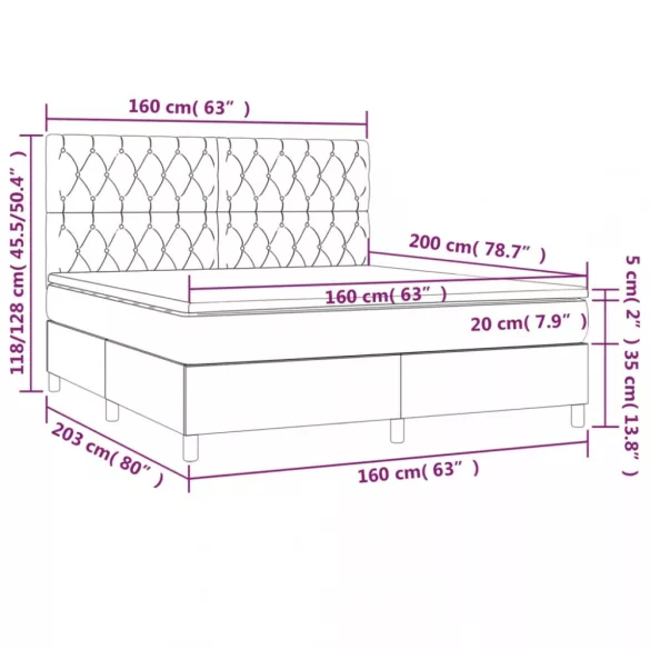 fekete szövet rugós és LED-es ágy matraccal 160x200 cm