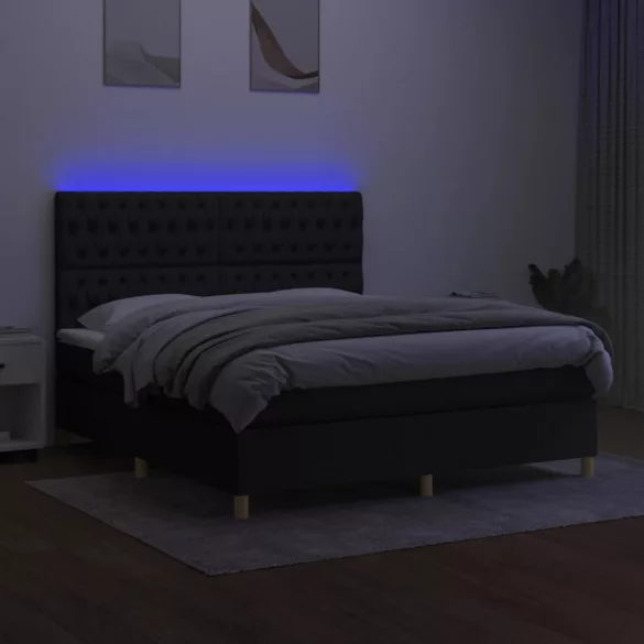 fekete szövet rugós és LED-es ágy matraccal 180 x 200 cm