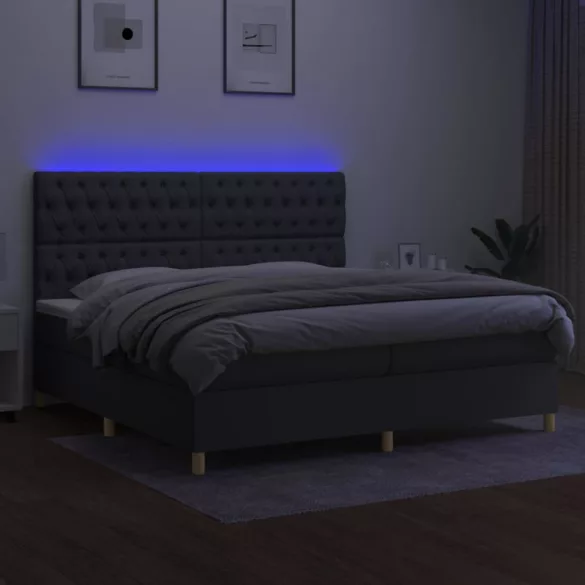 sötétszürke szövet rugós és LED-es ágy matraccal 200x200 cm