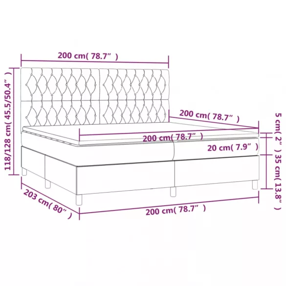 sötétszürke szövet rugós és LED-es ágy matraccal 200x200 cm