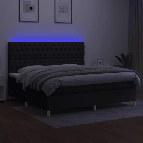 fekete szövet rugós és LED-es ágy matraccal 200x200 cm