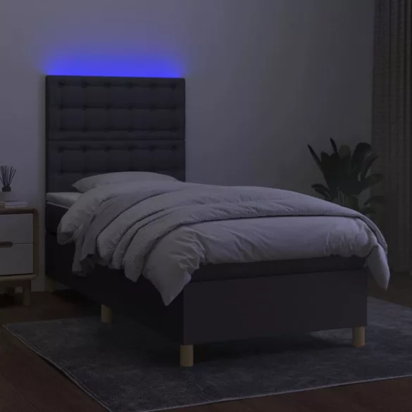 sötétszürke szövet rugós és LED-es ágy matraccal 90x190 cm
