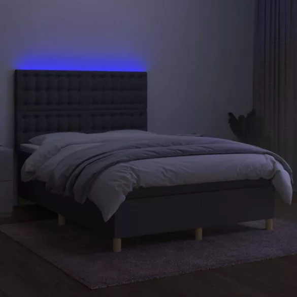 sötétszürke szövet rugós és LED-es ágy matraccal 140x190 cm
