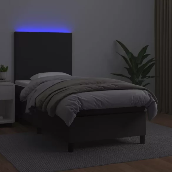 fekete műbőr rugós ágy matraccal és LED-del 90x190 cm
