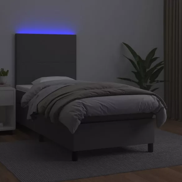szürke műbőr rugós ágy matraccal és LED-del 90x190 cm