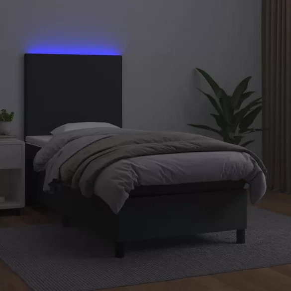 fekete műbőr rugós ágy matraccal és LED-del 90x200 cm