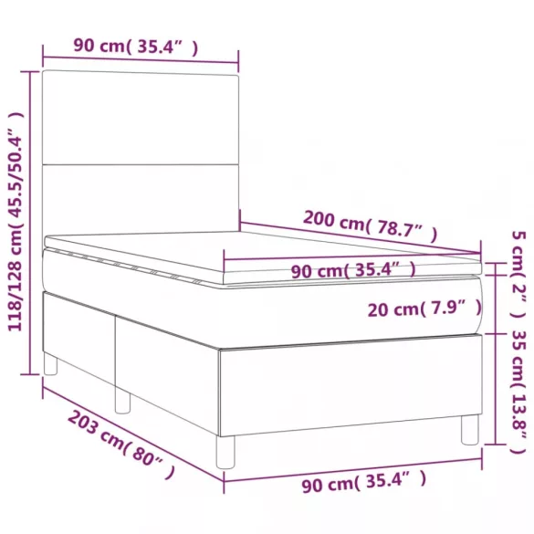 szürke műbőr rugós ágy matraccal és LED-del 90x200 cm