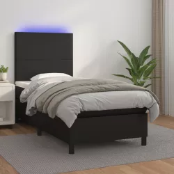 fekete műbőr rugós ágy matraccal és LED-del 100x200 cm