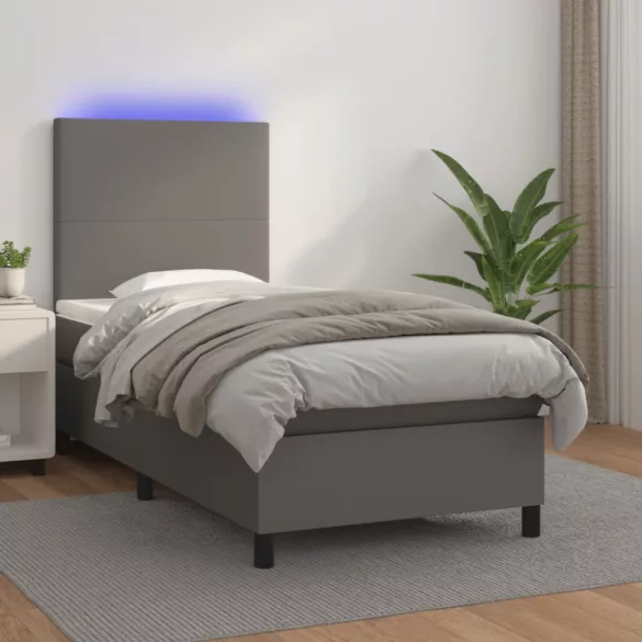 szürke műbőr rugós ágy matraccal és LED-del 100x200 cm