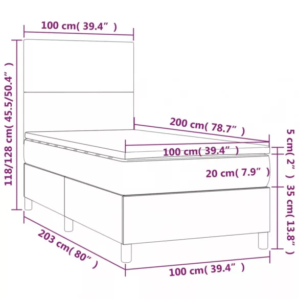 szürke műbőr rugós ágy matraccal és LED-del 100x200 cm
