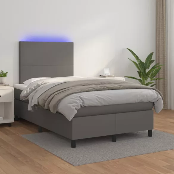 szürke műbőr rugós ágy matraccal és LED-del 120x200 cm