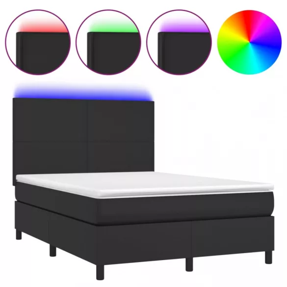 fekete műbőr rugós ágy matraccal és LED-del 140 x 190 cm