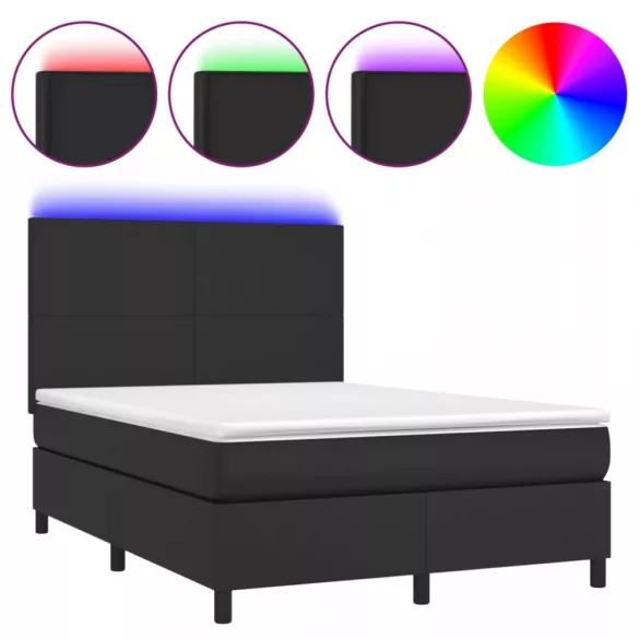 fekete műbőr rugós ágy matraccal és LED-del 140x200 cm