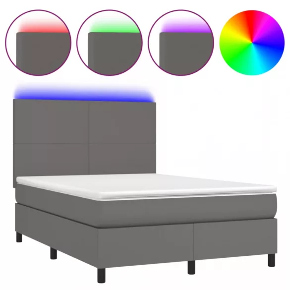 szürke műbőr rugós ágy matraccal és LED-del 140x200 cm