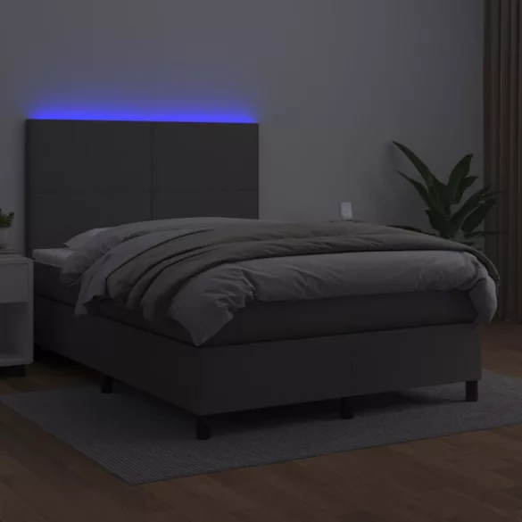 szürke műbőr rugós ágy matraccal és LED-del 140x200 cm