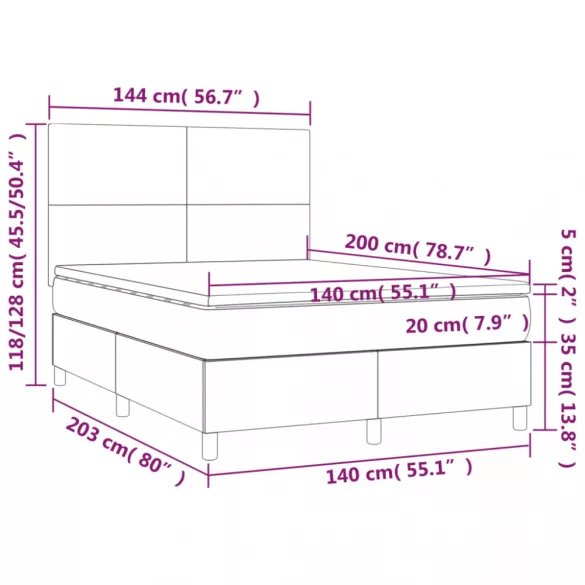 szürke műbőr rugós ágy matraccal és LED-del 140x200 cm