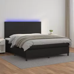 fekete műbőr rugós ágy matraccal és LED-del 160x200 cm