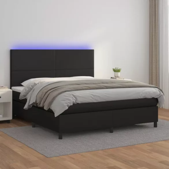 fekete műbőr rugós ágy matraccal és LED-del 160x200 cm