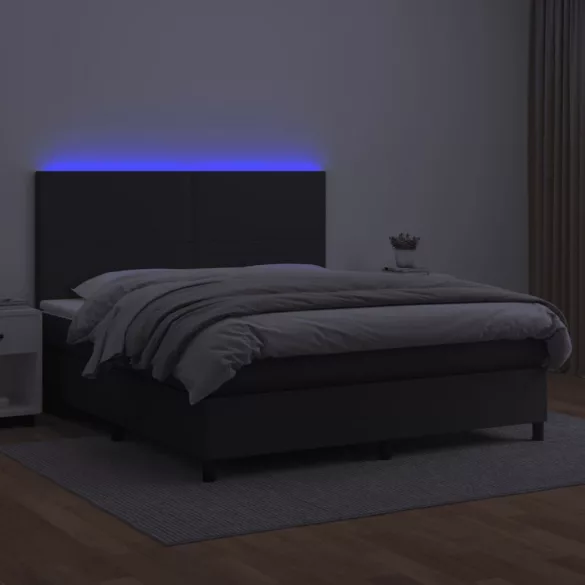 fekete műbőr rugós ágy matraccal és LED-del 160x200 cm