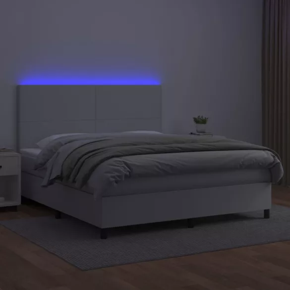 fehér műbőr rugós ágy matraccal és LED-del 160x200 cm