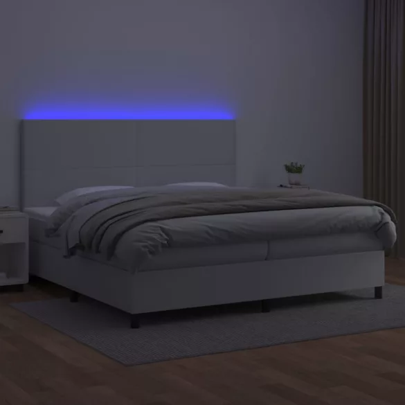 fehér műbőr rugós ágy matraccal és LED-del 200x200 cm