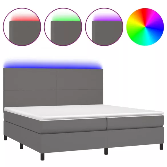 szürke műbőr rugós ágy matraccal és LED-del 200x200 cm