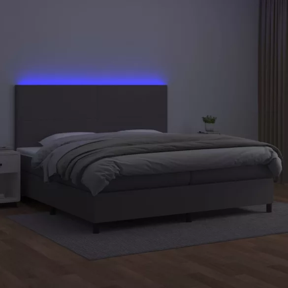szürke műbőr rugós ágy matraccal és LED-del 200x200 cm